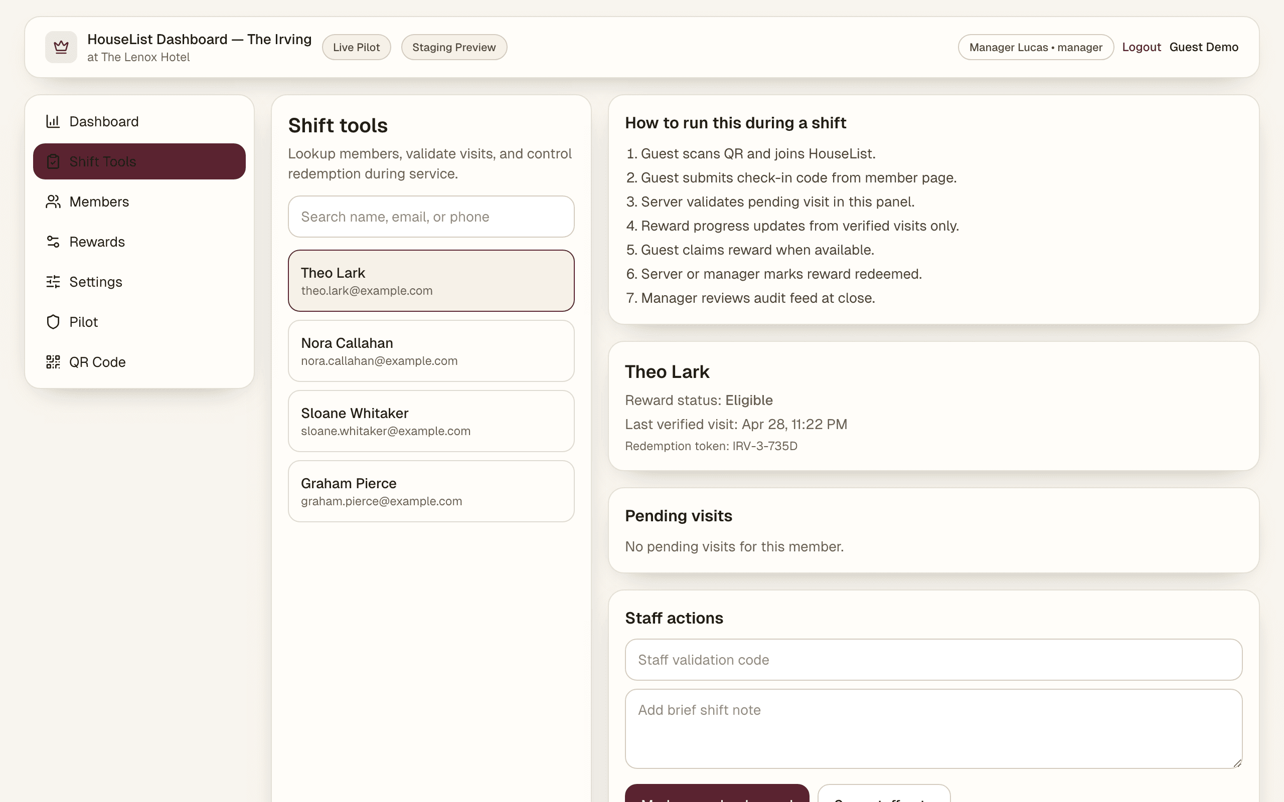 HouseList shift-tools visit verification screen
